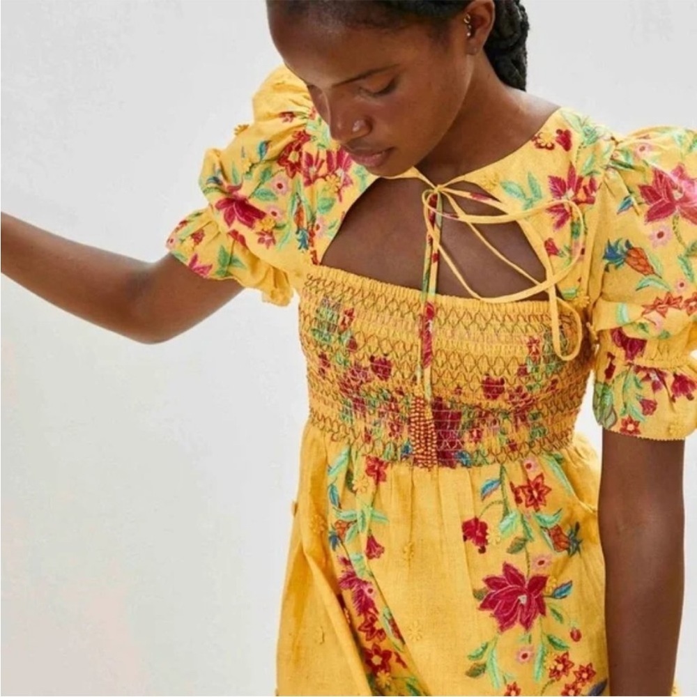 Farm Rio Flower Dream Maxi Dress Yellow Floral Smocked Puff Sleeve Size Small S